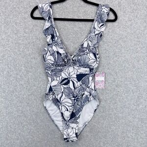 Stella Parker One Piece Swimsuit Women M DressBlue NWT Floral Ruffle
